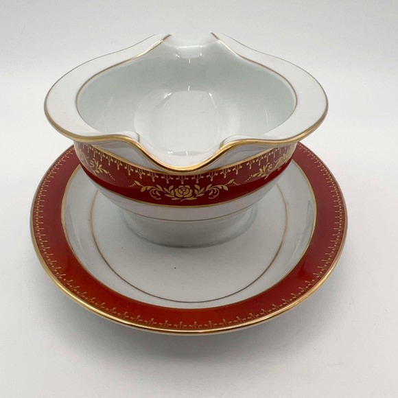 Noritake Goldhill 6613 Gravy Boat w Underplate Red Gold Trim Japan EUC
